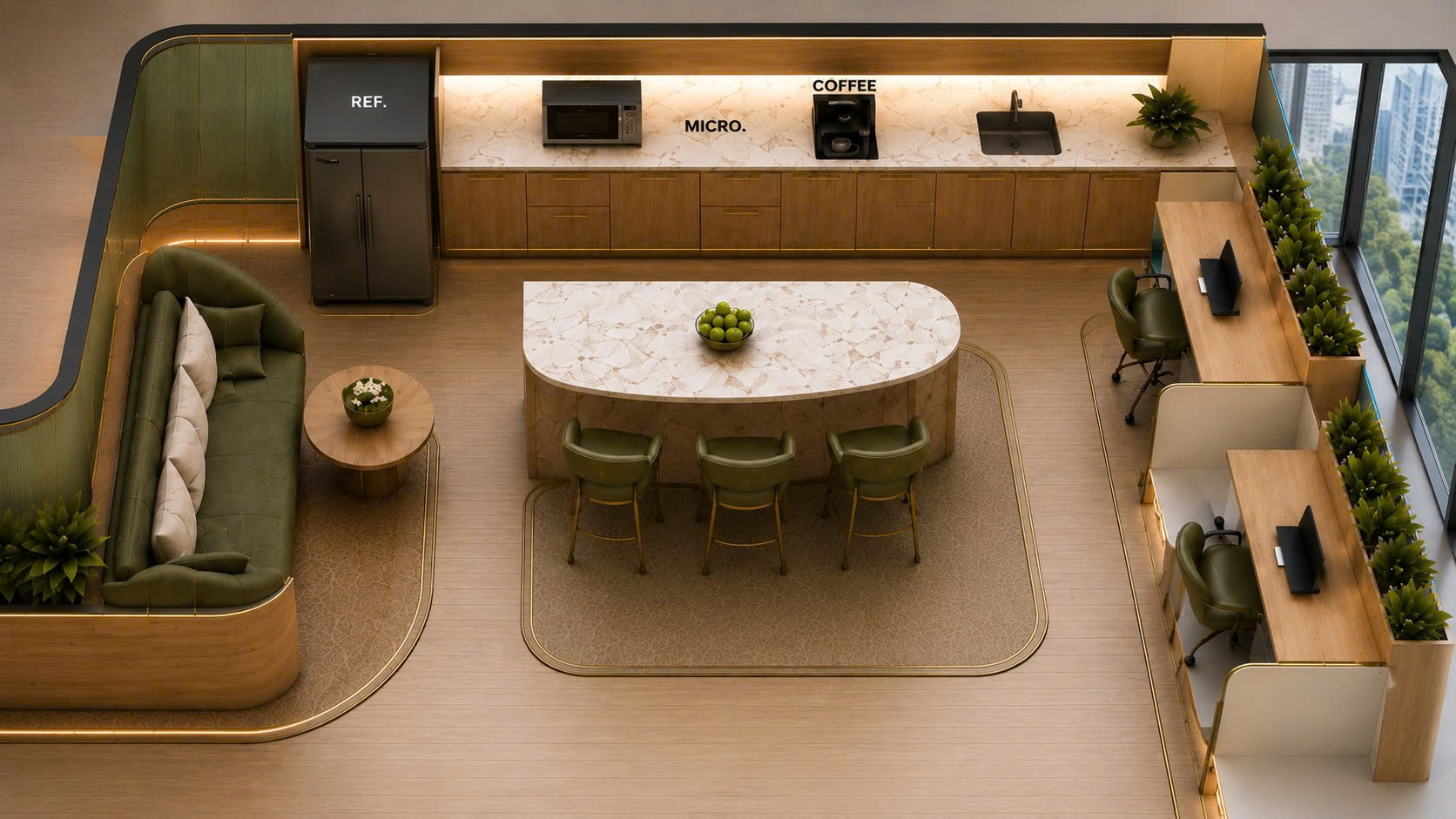 Khu pantry tại CleverSpace — trà, cà phê, nước suối
