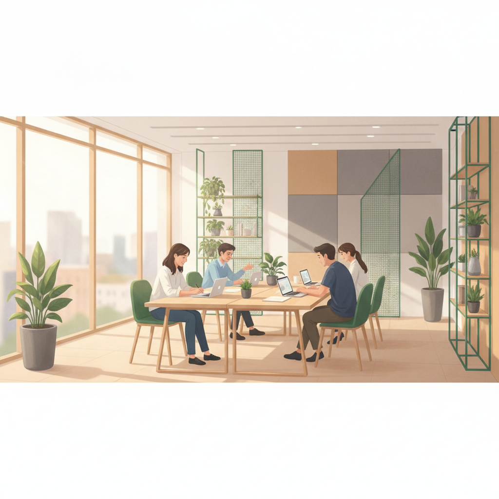 Nhóm nhỏ trao đổi công việc tập trung tại khu vực bàn dài trong không gian coworking hiện đại, tông màu xanh emerald và gỗ ấm áp.
