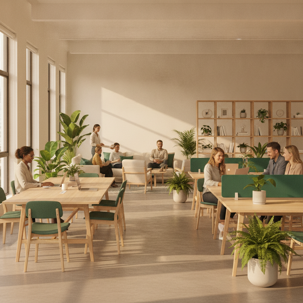 Không gian làm việc chung hiện đại tại CleverSpace, bàn gỗ sáng, ghế xanh ngọc, cây xanh và ánh sáng tự nhiên ấm áp.
