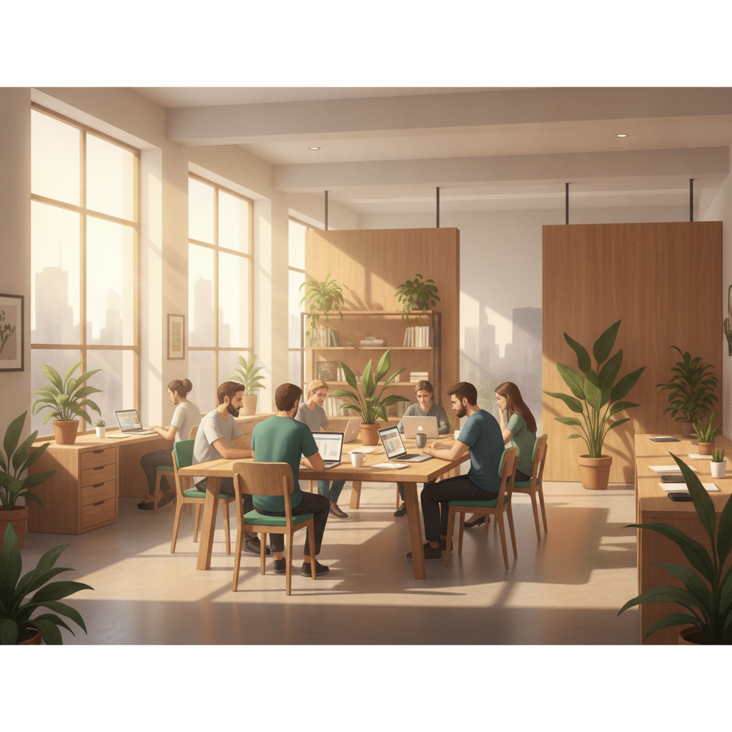 Freelancer tập trung làm việc tại bàn lớn, ánh sáng tự nhiên, cây xanh, không gian coworking hiện đại, tông ấm
