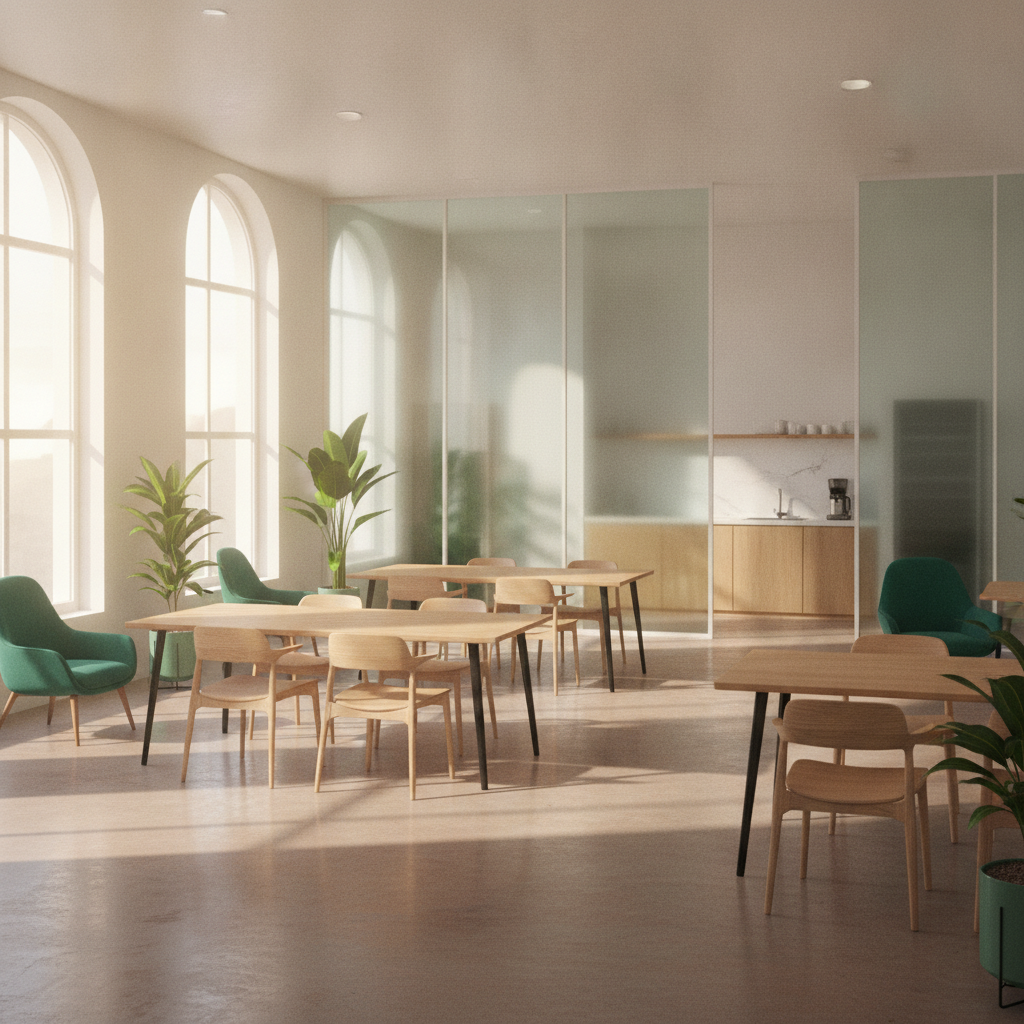 Không gian làm việc chung CleverSpace với bàn ghế hiện đại, màu xanh lá emerald, ánh sáng tự nhiên, khu vực bếp nhỏ