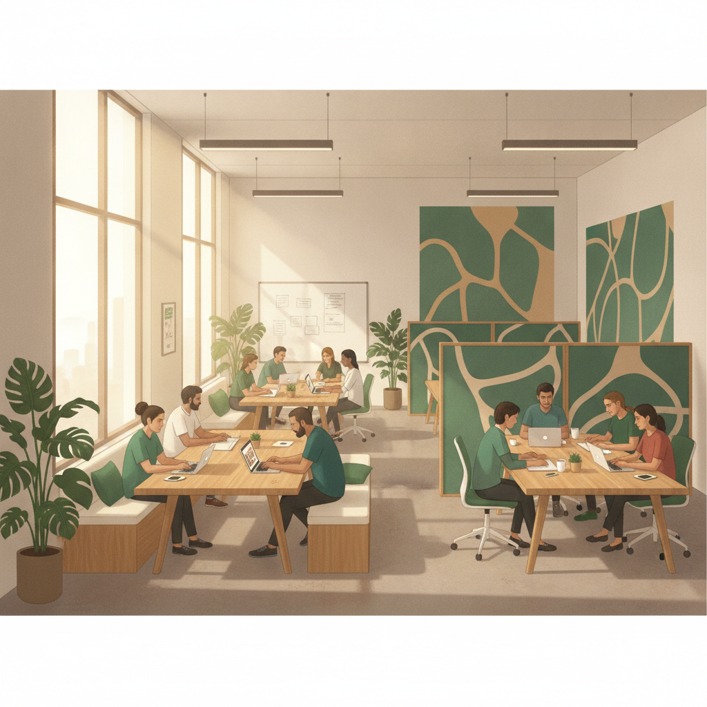 Một nhóm freelancer và startup đang làm việc tại các bàn gỗ lớn trong không gian coworking hiện đại, tông màu xanh lá emerald và ánh sáng tự nhiên ấm áp.