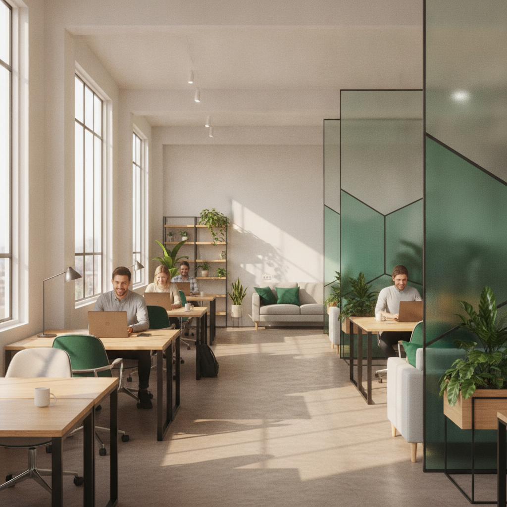Hình ảnh nội thất văn phòng coworking hiện đại của CleverSpace với ánh sáng tự nhiên, tông màu ấm áp và cây xanh, tạo không gian làm việc chuyên nghiệp.