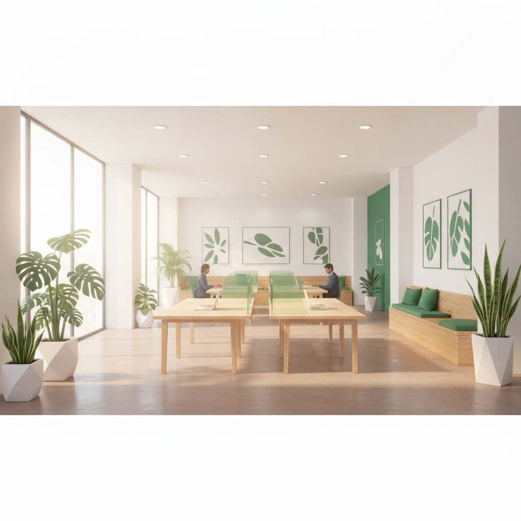 Một khu vực làm việc chung hiện đại tại CleverSpace với tường trắng sáng, bàn làm việc sạch sẽ, và điểm nhấn cây xanh tươi mát, tạo không gian tập trung và sáng tạo.