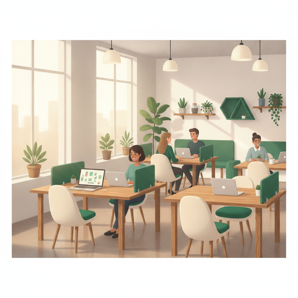 Không gian coworking ấm cúng tại CleverSpace với bàn gỗ tự nhiên, ghế thoải mái, cây xanh trang trí và ánh sáng dịu nhẹ, tạo cảm giác thư giãn và kết nối cho freelancer tại Long Biên.
