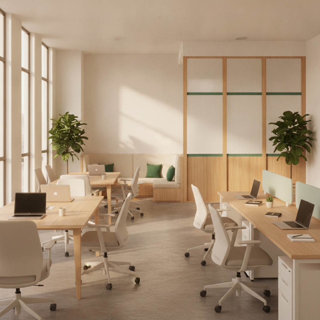 Không gian làm việc chung hiện đại tại CleverSpace với thiết kế nội thất xanh lá, trắng và gỗ ấm, tràn ngập ánh sáng tự nhiên.