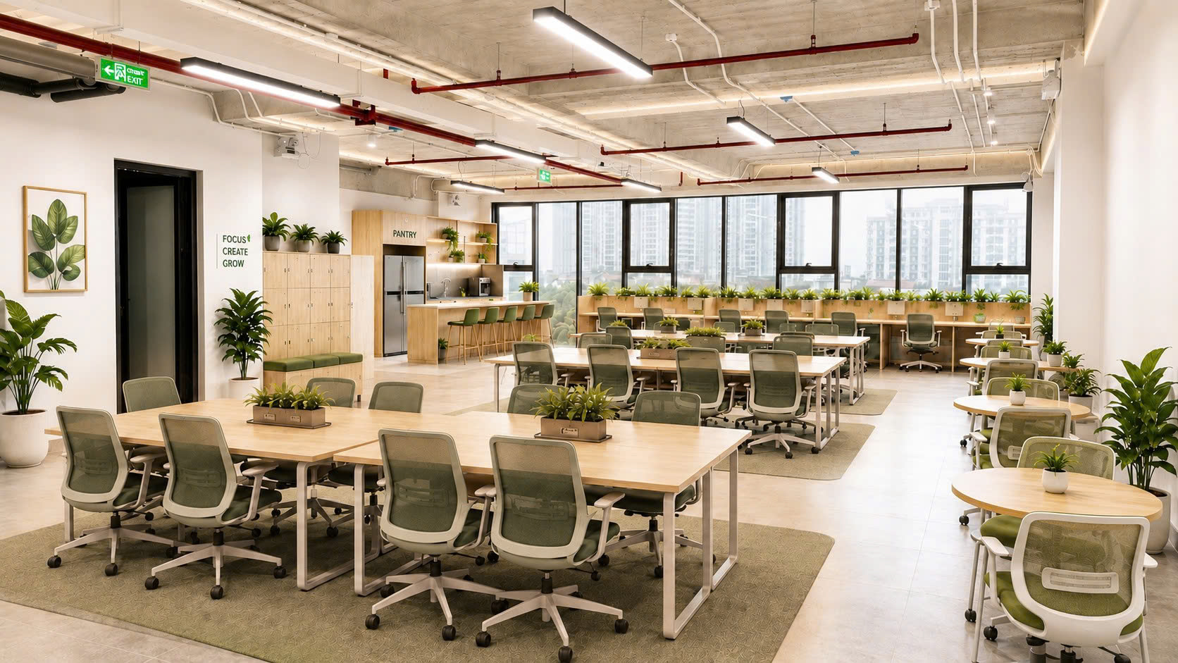 Không gian làm việc chung tại CleverSpace — bàn làm việc rộng rãi, cây xanh và ánh sáng tự nhiên